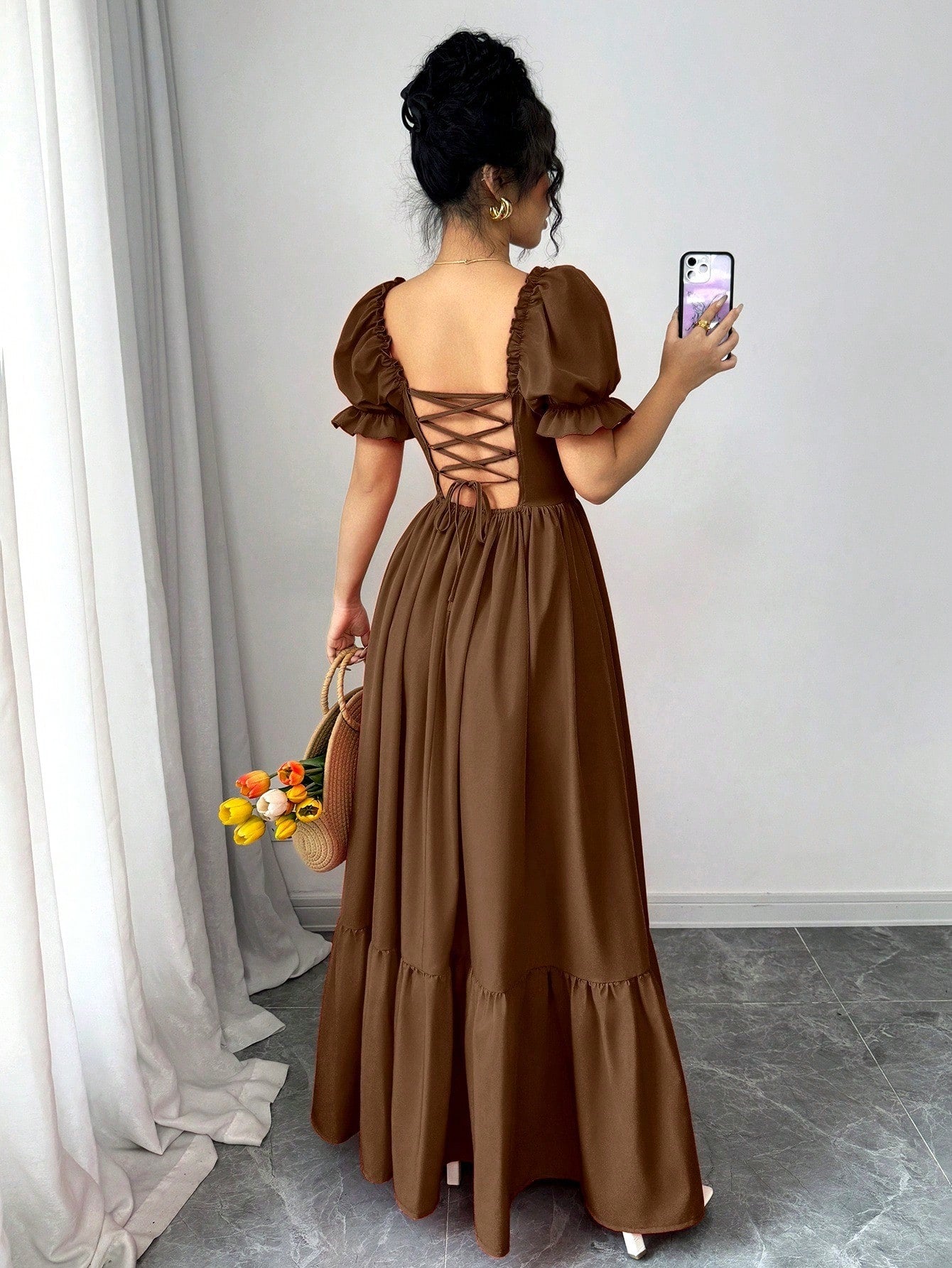 Rafferiza Women's Square Neck Puff Sleeve Front Tie Back Cutout Waist Flared Dress