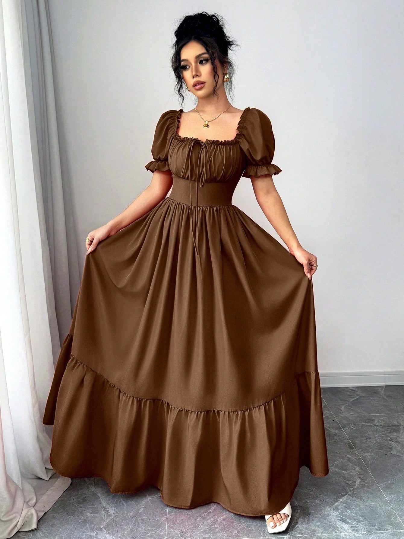 Rafferiza Women's Square Neck Puff Sleeve Front Tie Back Cutout Waist Flared Dress
