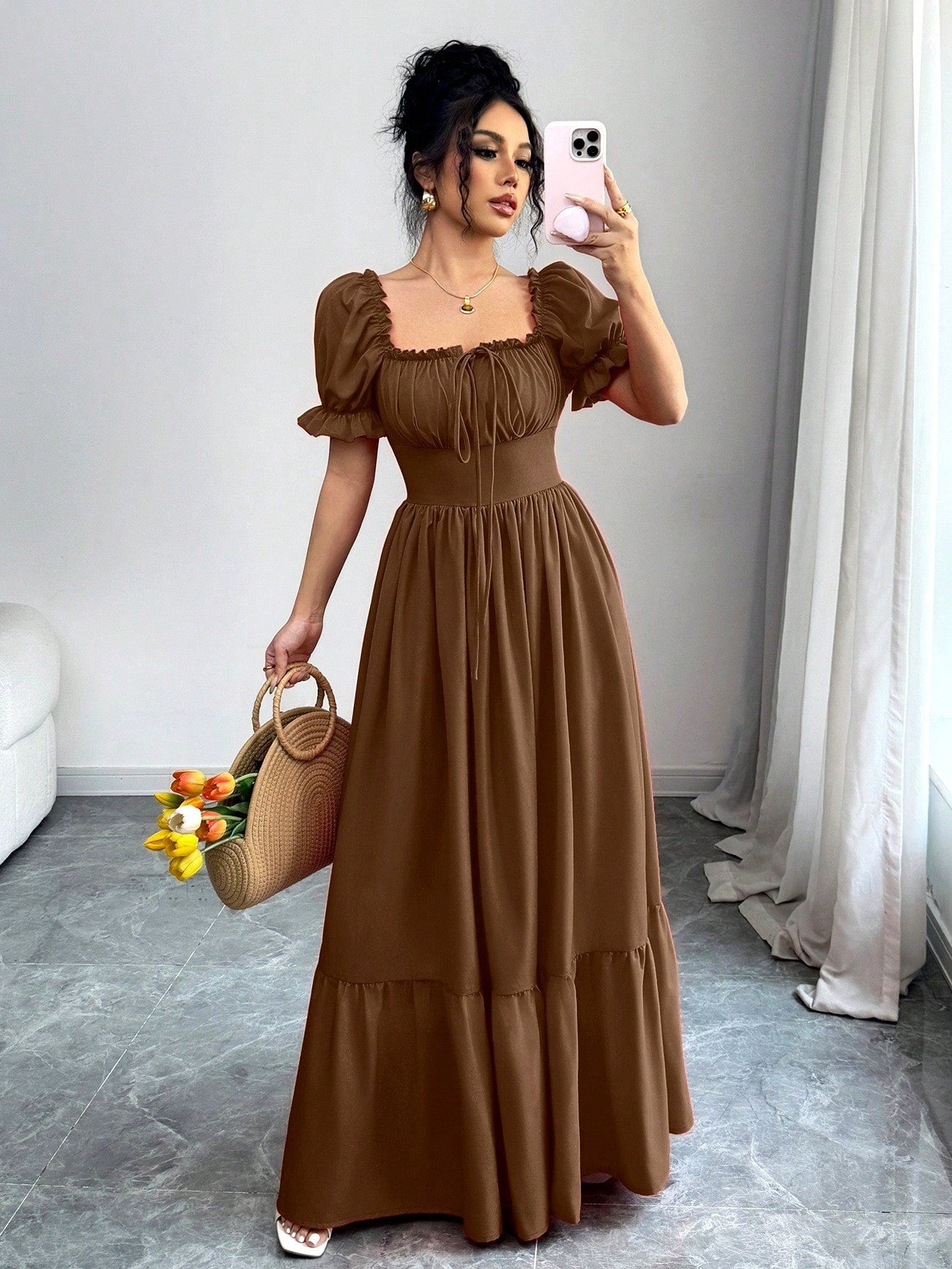Rafferiza Women's Square Neck Puff Sleeve Front Tie Back Cutout Waist Flared Dress