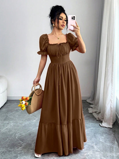 Rafferiza Women's Square Neck Puff Sleeve Front Tie Back Cutout Waist Flared Dress