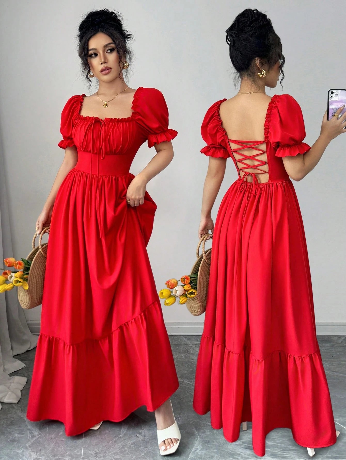 Rafferiza Women's Square Neck Puff Sleeve Front Tie Back Cutout Waist Flared Dress