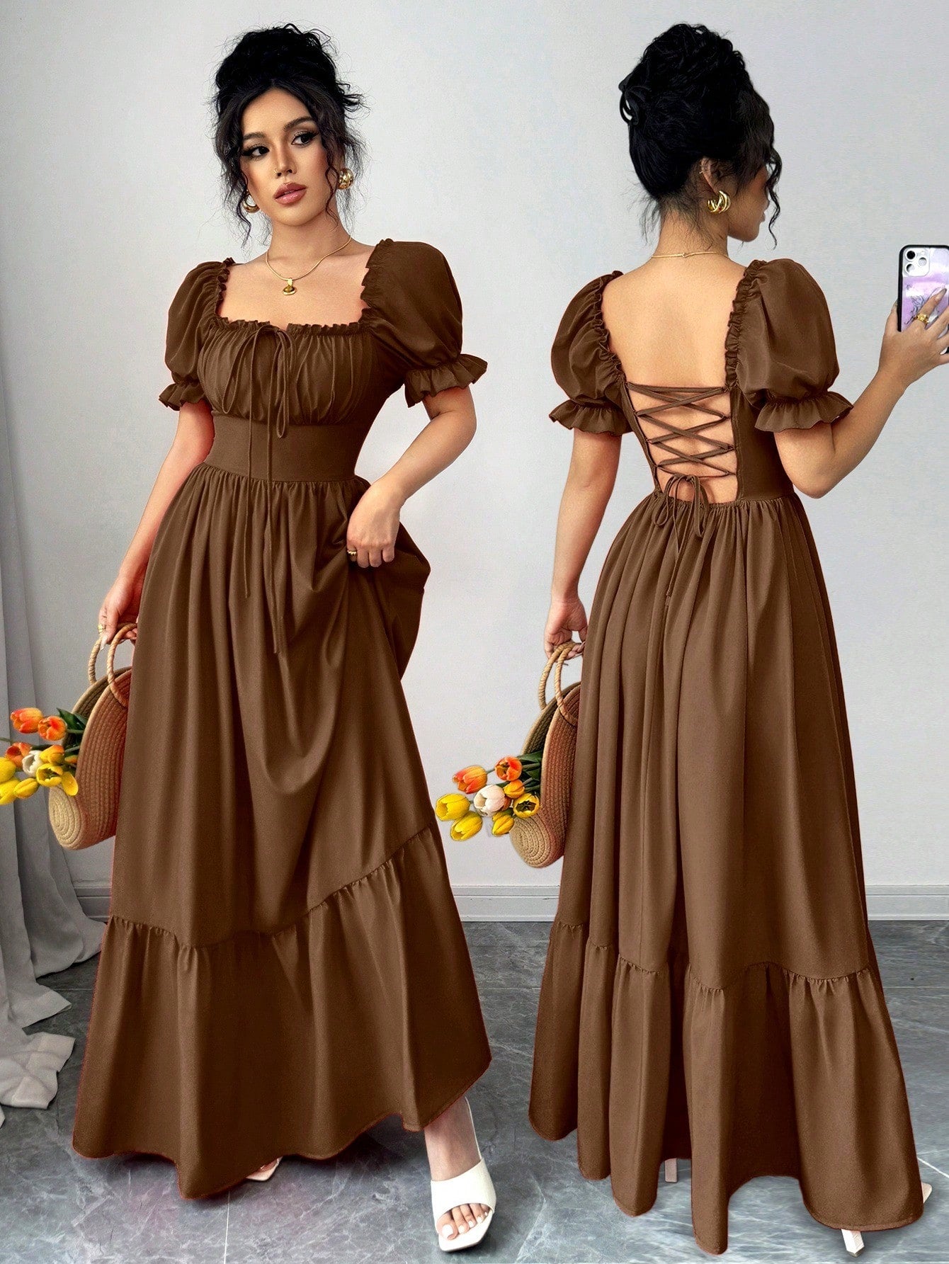 Rafferiza Women's Square Neck Puff Sleeve Front Tie Back Cutout Waist Flared Dress