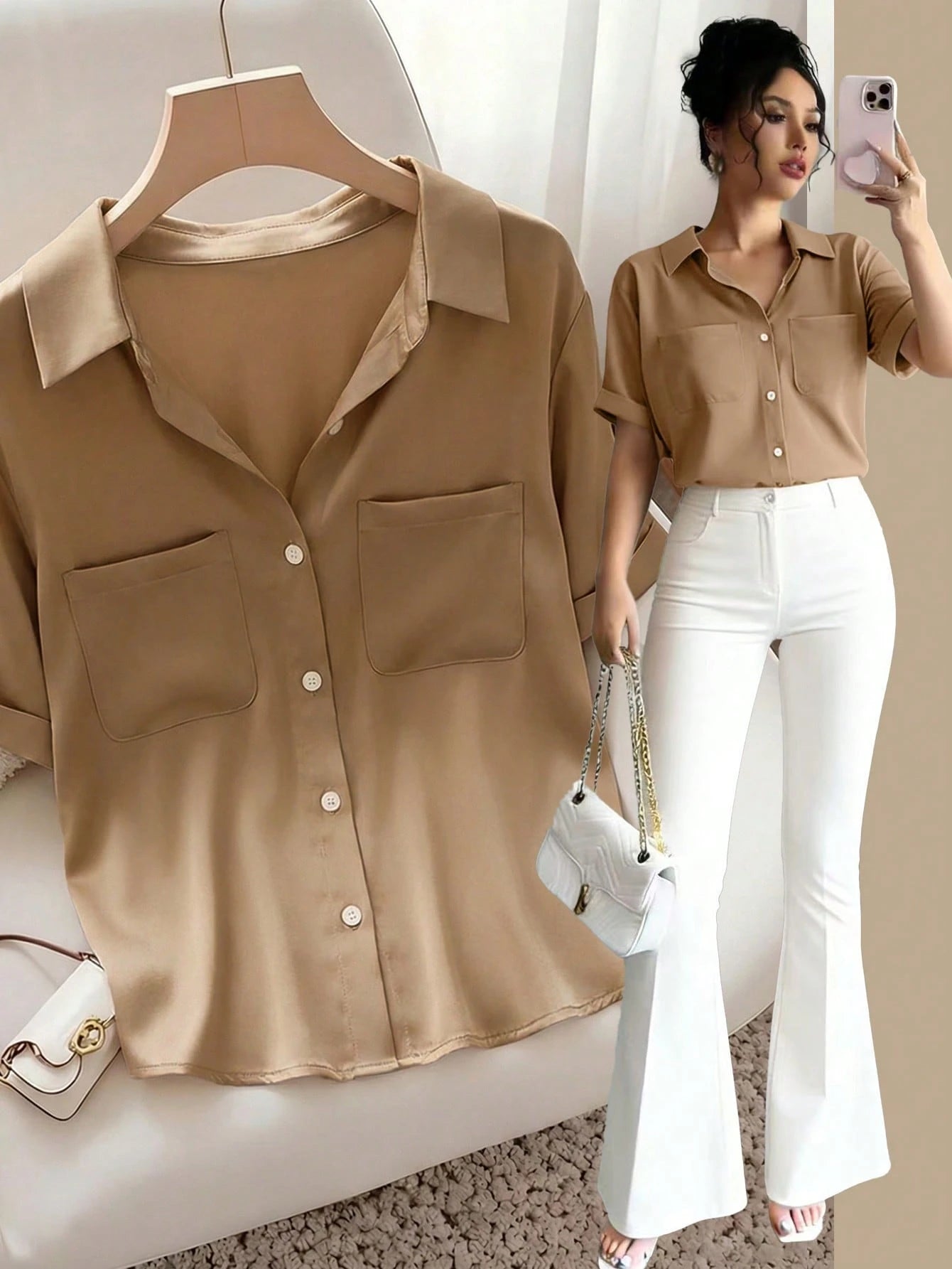 Raffinéa Women's French-Style Elegant Simple Woven Polo Collar Shirt,Khaki Summer Casual Brunch Top,Fashionable Commuter Business Office Wear,Teacher's Attire