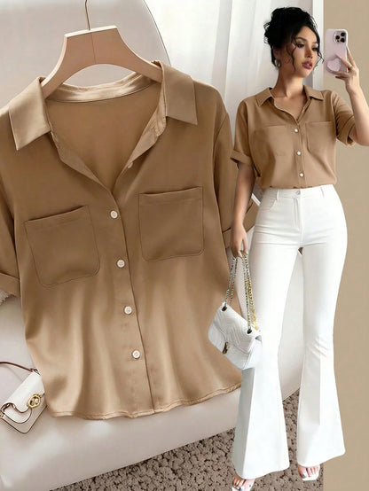 Raffinéa Women's French-Style Elegant Simple Woven Polo Collar Shirt,Khaki Summer Casual Brunch Top,Fashionable Commuter Business Office Wear,Teacher's Attire