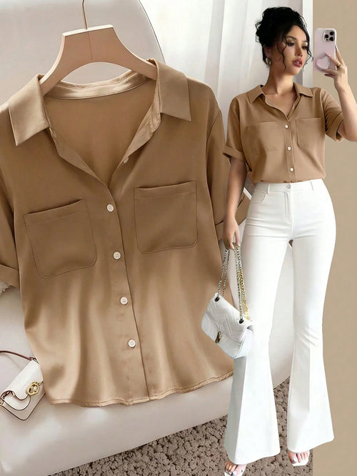Raffinéa Women's French-Style Elegant Simple Woven Polo Collar Shirt,Khaki Summer Casual Brunch Top,Fashionable Commuter Business Office Wear,Teacher's Attire