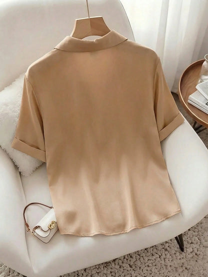 Raffinéa Women's French-Style Elegant Simple Woven Polo Collar Shirt,Khaki Summer Casual Brunch Top,Fashionable Commuter Business Office Wear,Teacher's Attire