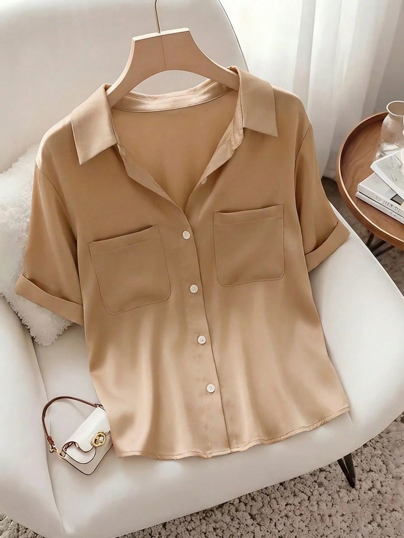 Raffinéa Women's French-Style Elegant Simple Woven Polo Collar Shirt,Khaki Summer Casual Brunch Top,Fashionable Commuter Business Office Wear,Teacher's Attire