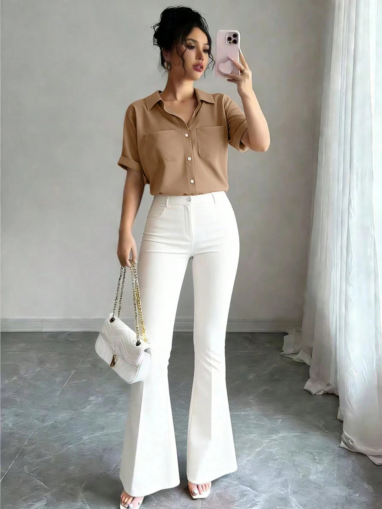 Raffinéa Women's French-Style Elegant Simple Woven Polo Collar Shirt,Khaki Summer Casual Brunch Top,Fashionable Commuter Business Office Wear,Teacher's Attire