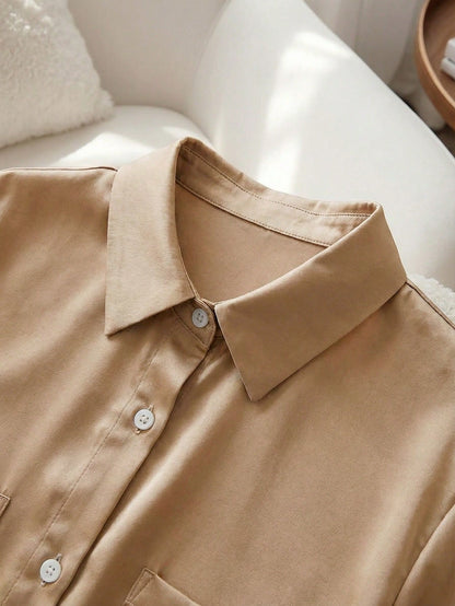 Raffinéa Women's French-Style Elegant Simple Woven Polo Collar Shirt,Khaki Summer Casual Brunch Top,Fashionable Commuter Business Office Wear,Teacher's Attire