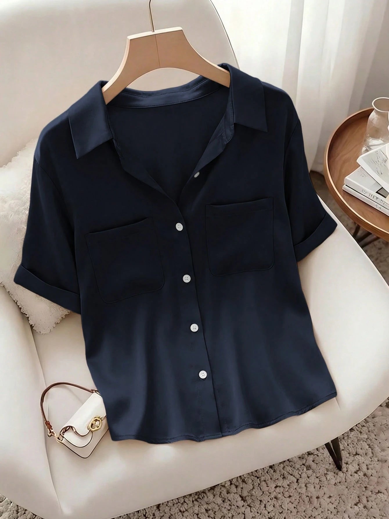 Raffinéa Women's French-Style Elegant Simple Woven Polo Collar Shirt,Khaki Summer Casual Brunch Top,Fashionable Commuter Business Office Wear,Teacher's Attire