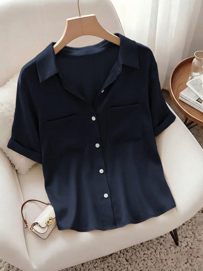 Raffinéa Women's French-Style Elegant Simple Woven Polo Collar Shirt,Khaki Summer Casual Brunch Top,Fashionable Commuter Business Office Wear,Teacher's Attire