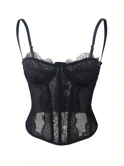 RAHQ 1pc Women's Fashionable Lace Trim Tight Fitting Bustier Crop Top, Sexy Bodycon Camisole Top Corset Top, Suitable For Party, Travel, Gathering, Christmas, Valentine's Day, Halloween Casual Black S