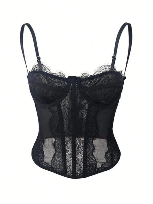 RAHQ 1pc Women's Fashionable Lace Trim Tight Fitting Bustier Crop Top, Sexy Bodycon Camisole Top Corset Top, Suitable For Party, Travel, Gathering, Christmas, Valentine's Day, Halloween Casual Black S
