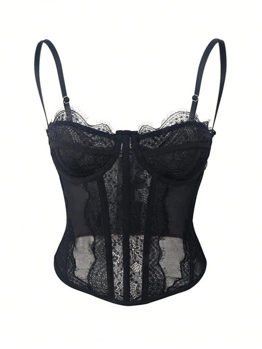 RAHQ 1pc Women's Fashionable Lace Trim Tight Fitting Bustier Crop Top, Sexy Bodycon Camisole Top Corset Top, Suitable For Party, Travel, Gathering, Christmas, Valentine's Day, Halloween Casual Black S