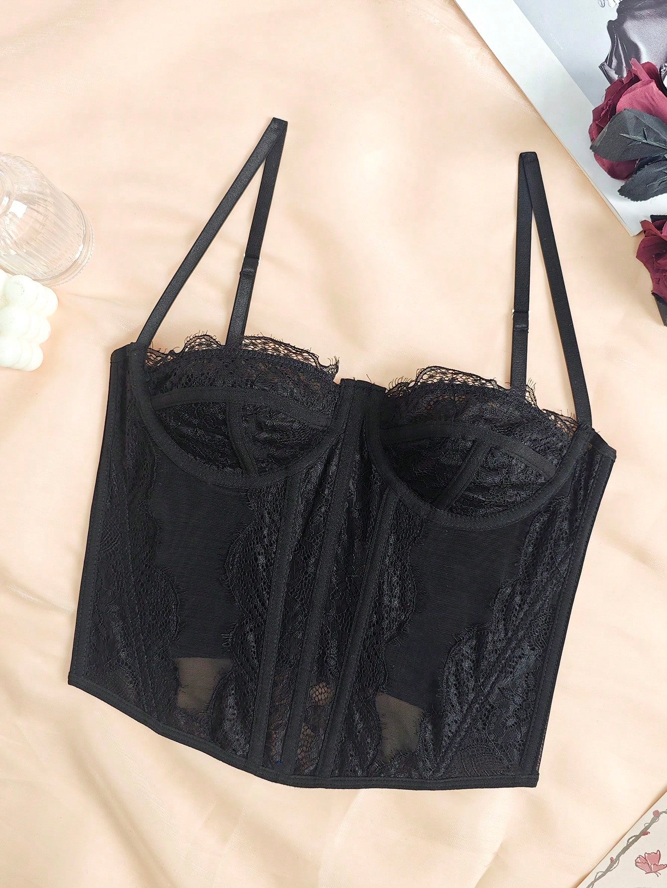 RAHQ 1pc Women's Fashionable Lace Trim Tight Fitting Bustier Crop Top, Sexy Bodycon Camisole Top Corset Top, Suitable For Party, Travel, Gathering, Christmas, Valentine's Day, Halloween Casual Black S