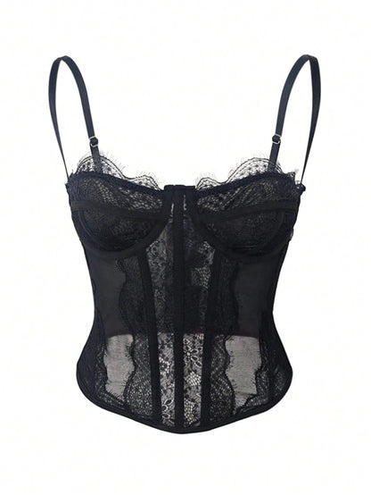 RAHQ 1pc Women's Fashionable Lace Trim Tight Fitting Bustier Crop Top, Sexy Bodycon Camisole Top Corset Top, Suitable For Party, Travel, Gathering, Christmas, Valentine's Day, Halloween Casual Black S