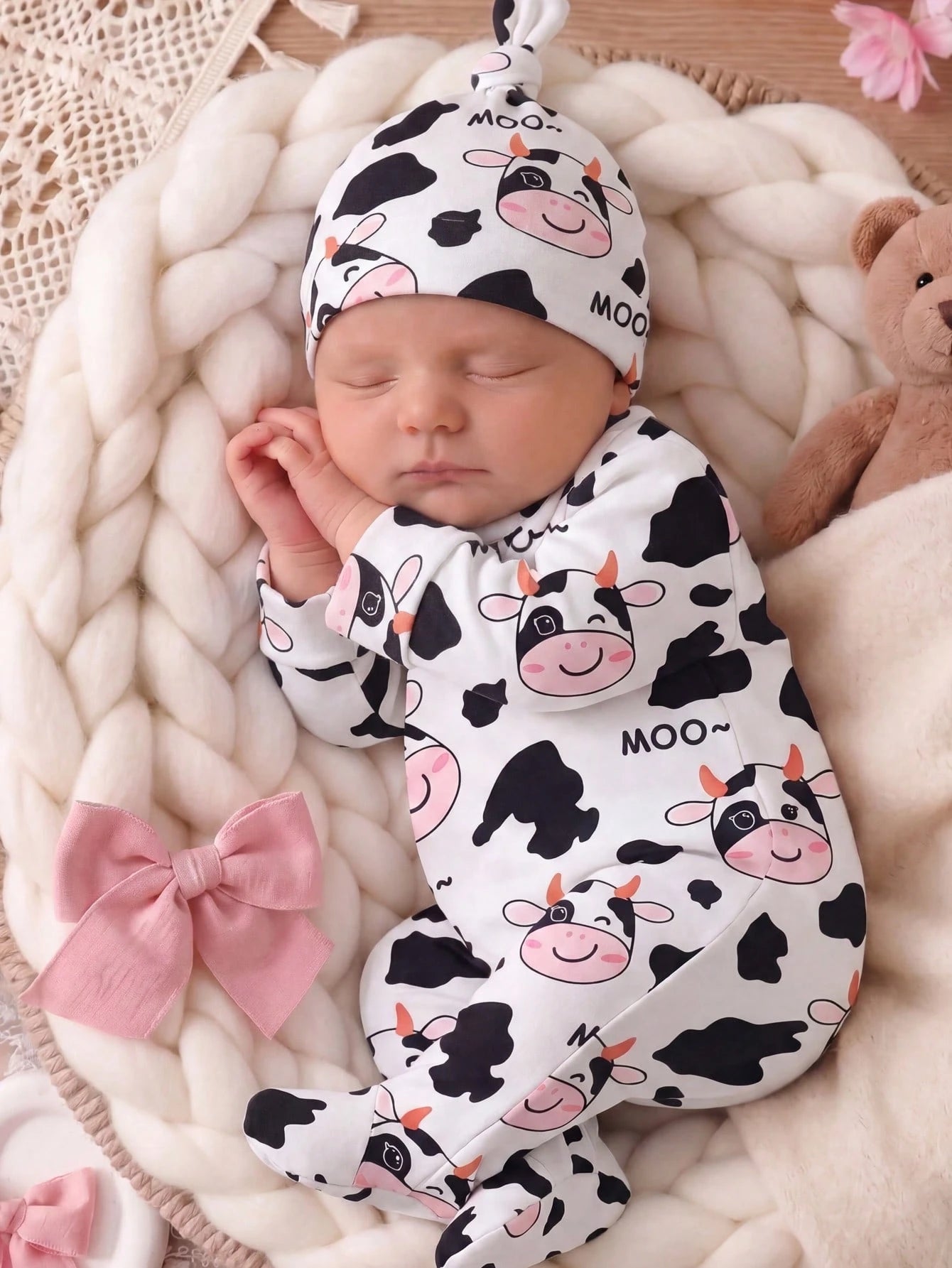 Random 1sets Newborn 0-12 Months Jumpsuit Forest Style Cute Ditsy Floral With Chain Craft Contrast Color Fresh Style Long Sleeve Footed Open Crotch