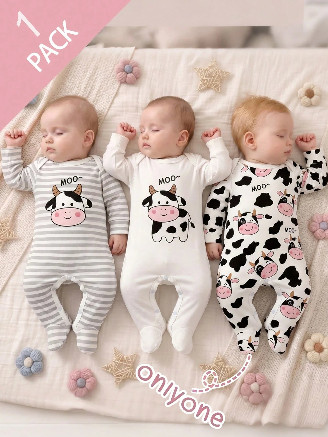Random 1sets Newborn 0-12 Months Jumpsuit Forest Style Cute Ditsy Floral With Chain Craft Contrast Color Fresh Style Long Sleeve Footed Open Crotch