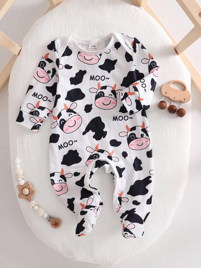 Random 1sets Newborn 0-12 Months Jumpsuit Forest Style Cute Ditsy Floral With Chain Craft Contrast Color Fresh Style Long Sleeve Footed Open Crotch