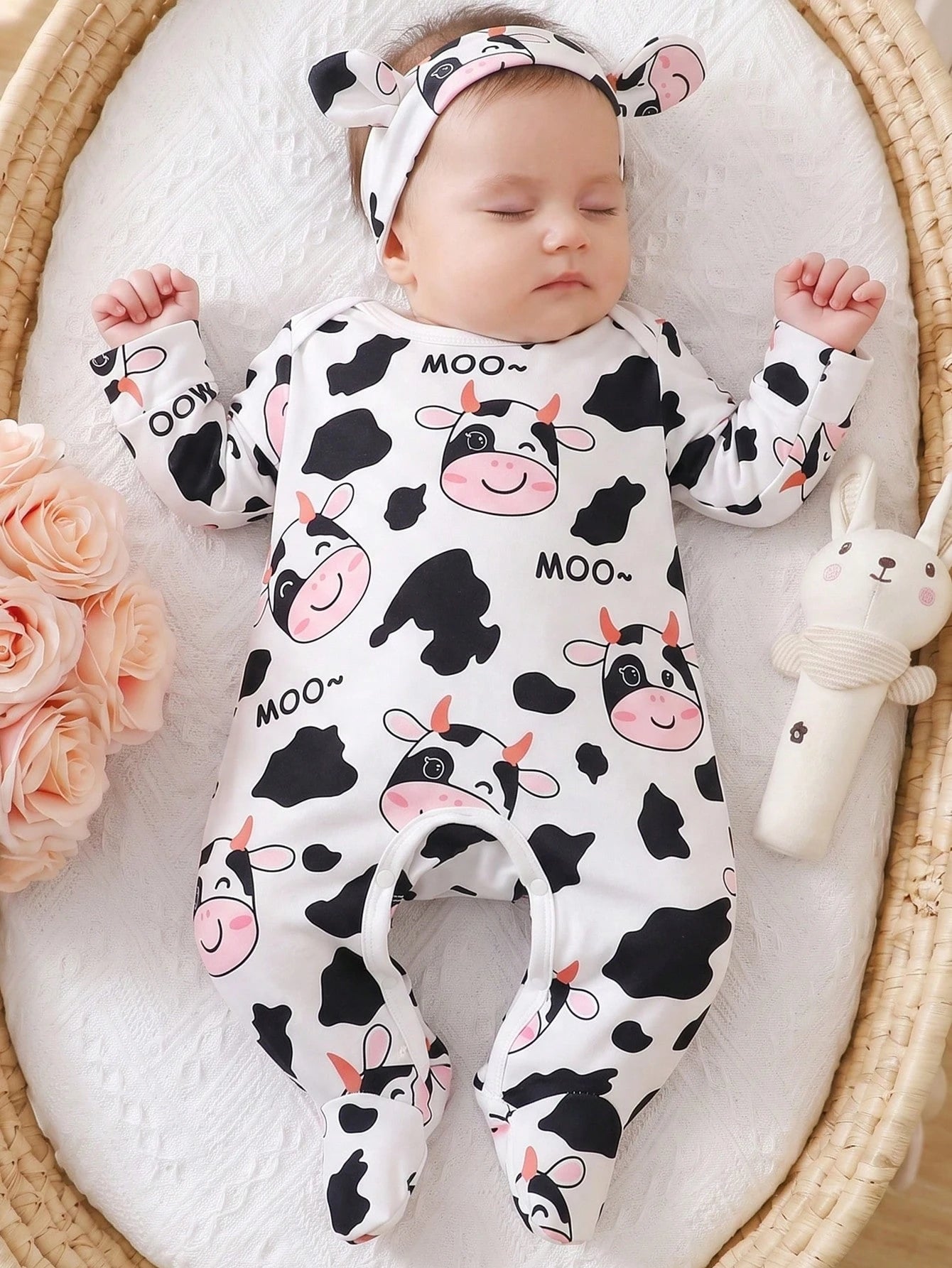 Random 1sets Newborn 0-12 Months Jumpsuit Forest Style Cute Ditsy Floral With Chain Craft Contrast Color Fresh Style Long Sleeve Footed Open Crotch