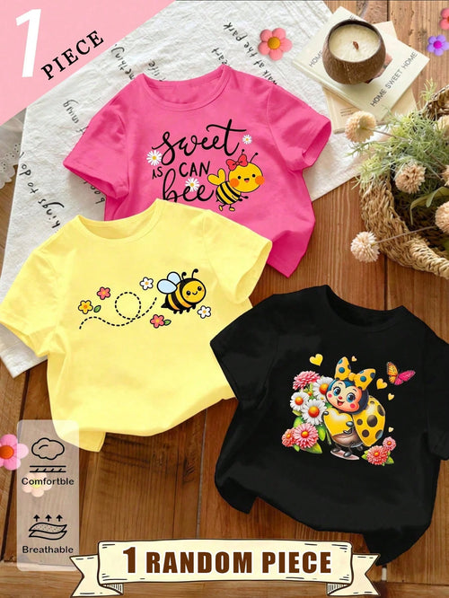 (Random 3 Sets, Send 1 Set) Spring Summer Autumn Baby & Toddler Girls Fashion Creative Minimalist Colorful Floral Bee & Letter Print Basic Short Sleeve T-Shirt, Comfortable Daily Wear