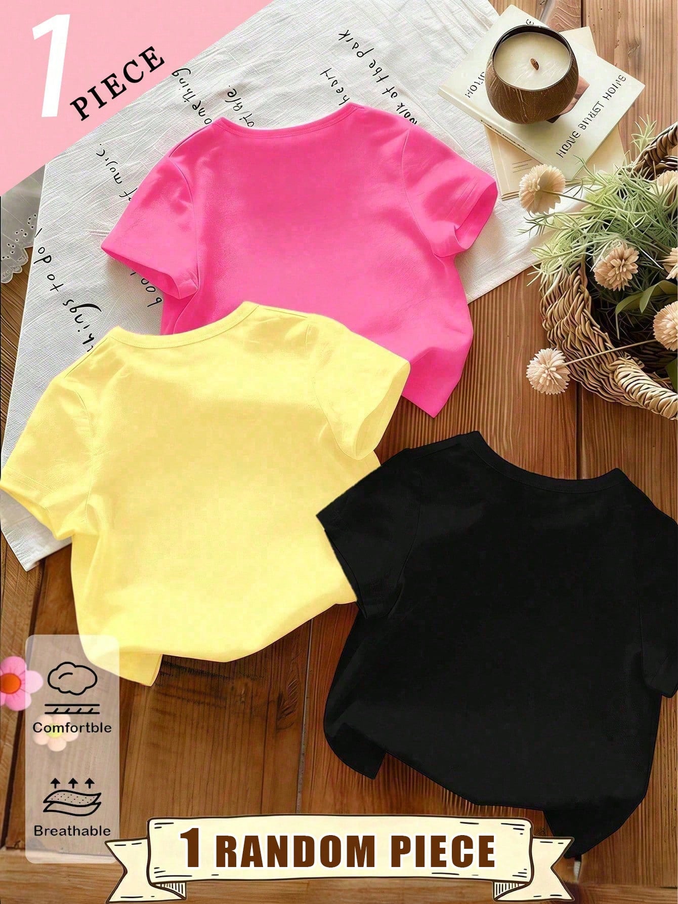 (Random 3 Sets, Send 1 Set) Spring Summer Autumn Baby & Toddler Girls Fashion Creative Minimalist Colorful Floral Bee & Letter Print Basic Short Sleeve T-Shirt, Comfortable Daily Wear