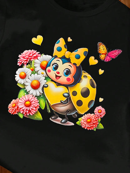 (Random 3 Sets, Send 1 Set) Spring Summer Autumn Baby & Toddler Girls Fashion Creative Minimalist Colorful Floral Bee & Letter Print Basic Short Sleeve T-Shirt, Comfortable Daily Wear