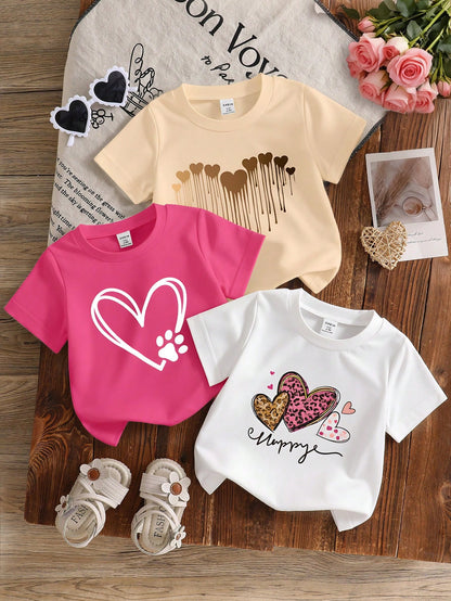(Random 3 Sets, Send 1 Set) Spring Summer Autumn Baby & Toddler Girls Fashion Creative Minimalist Colorful Floral Bee & Letter Print Basic Short Sleeve T-Shirt, Comfortable Daily Wear