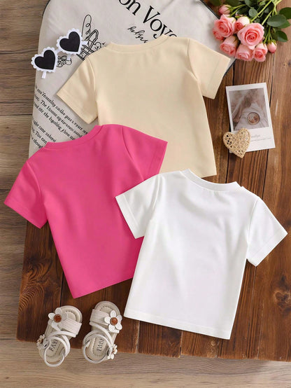 (Random 3 Sets, Send 1 Set) Spring Summer Autumn Baby & Toddler Girls Fashion Creative Minimalist Colorful Floral Bee & Letter Print Basic Short Sleeve T-Shirt, Comfortable Daily Wear