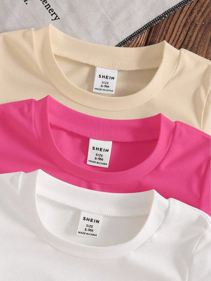 (Random 3 Sets, Send 1 Set) Spring Summer Autumn Baby & Toddler Girls Fashion Creative Minimalist Colorful Floral Bee & Letter Print Basic Short Sleeve T-Shirt, Comfortable Daily Wear