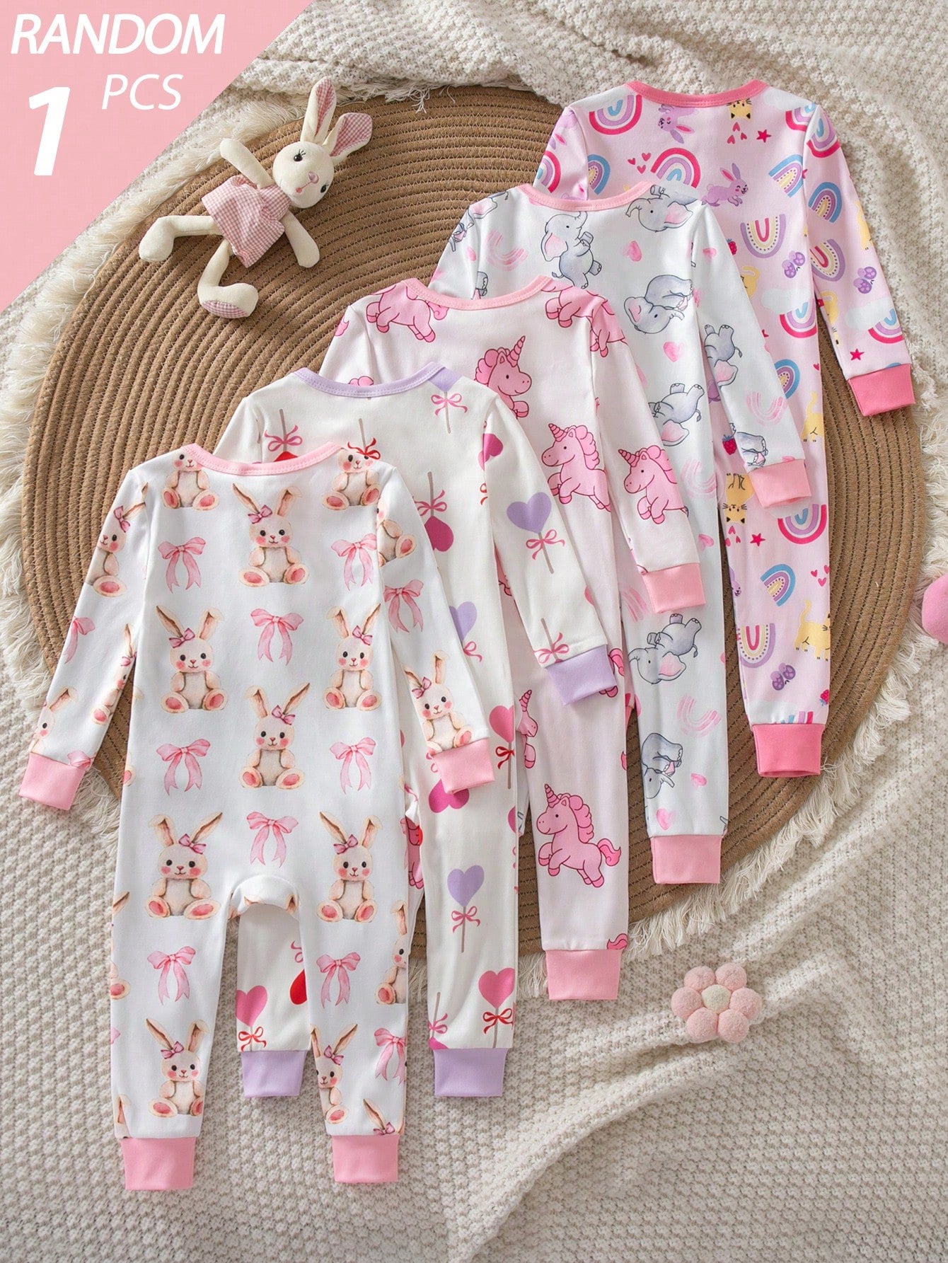 Random 5pcs/1pc Baby Girl Long Sleeve Long Pants Tight Bodysuit Cartoon Cute Cat Heart Star Flower Simple Casual Comfortable Soft Loungewear All Seasons