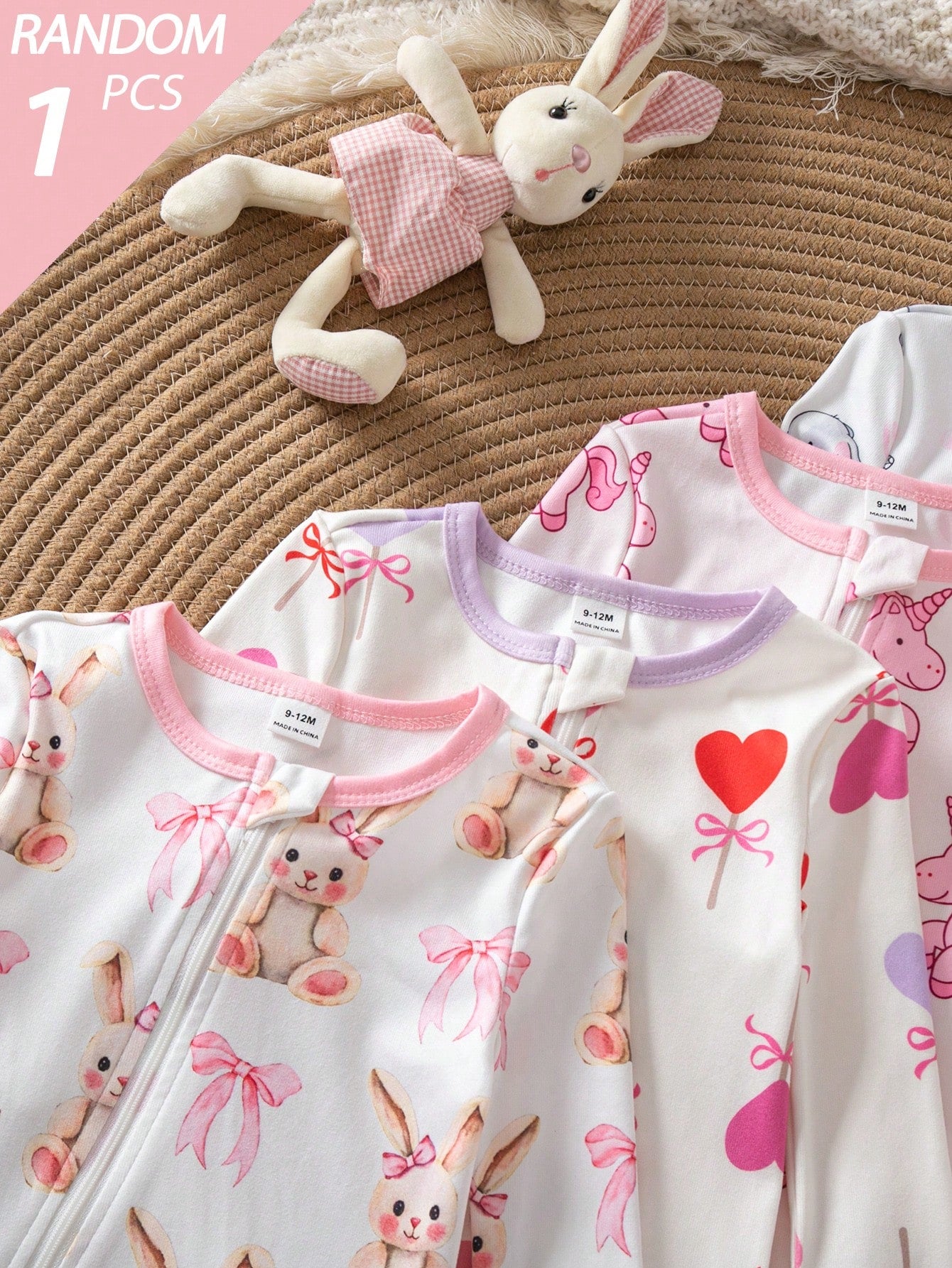 Random 5pcs/1pc Baby Girl Long Sleeve Long Pants Tight Bodysuit Cartoon Cute Cat Heart Star Flower Simple Casual Comfortable Soft Loungewear All Seasons