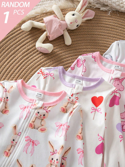 Random 5pcs/1pc Baby Girl Long Sleeve Long Pants Tight Bodysuit Cartoon Cute Cat Heart Star Flower Simple Casual Comfortable Soft Loungewear All Seasons