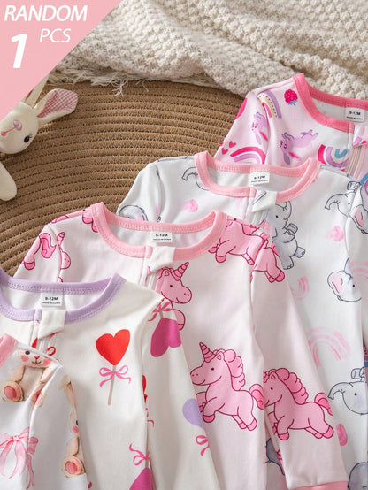 Random 5pcs/1pc Baby Girl Long Sleeve Long Pants Tight Bodysuit Cartoon Cute Cat Heart Star Flower Simple Casual Comfortable Soft Loungewear All Seasons