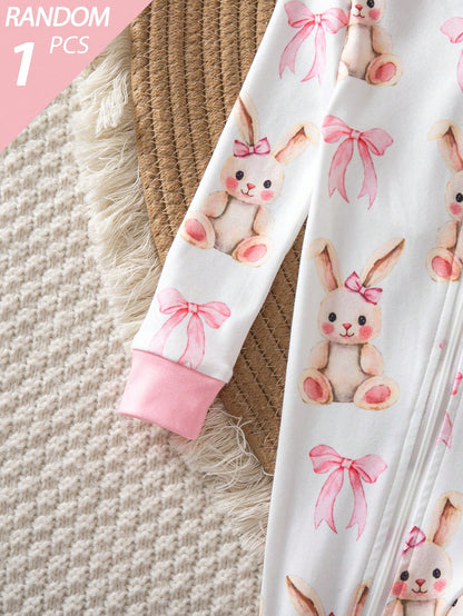 Random 5pcs/1pc Baby Girl Long Sleeve Long Pants Tight Bodysuit Cartoon Cute Cat Heart Star Flower Simple Casual Comfortable Soft Loungewear All Seasons