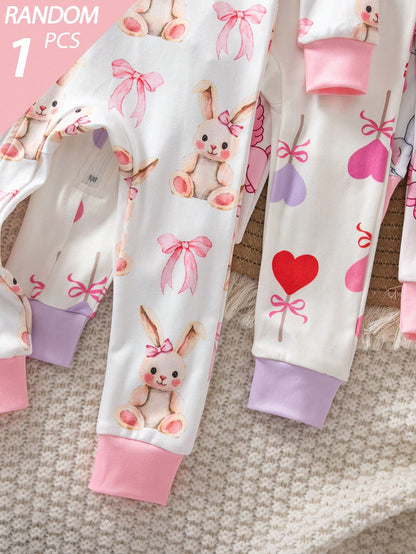 Random 5pcs/1pc Baby Girl Long Sleeve Long Pants Tight Bodysuit Cartoon Cute Cat Heart Star Flower Simple Casual Comfortable Soft Loungewear All Seasons