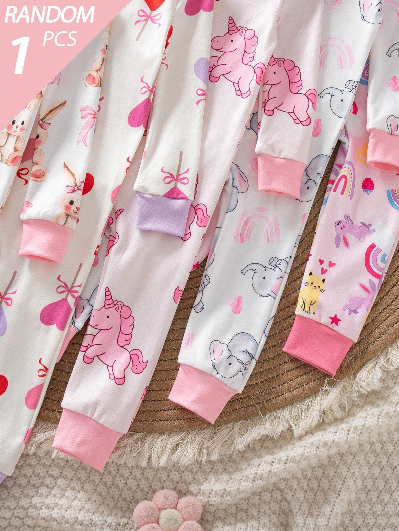 Random 5pcs/1pc Baby Girl Long Sleeve Long Pants Tight Bodysuit Cartoon Cute Cat Heart Star Flower Simple Casual Comfortable Soft Loungewear All Seasons