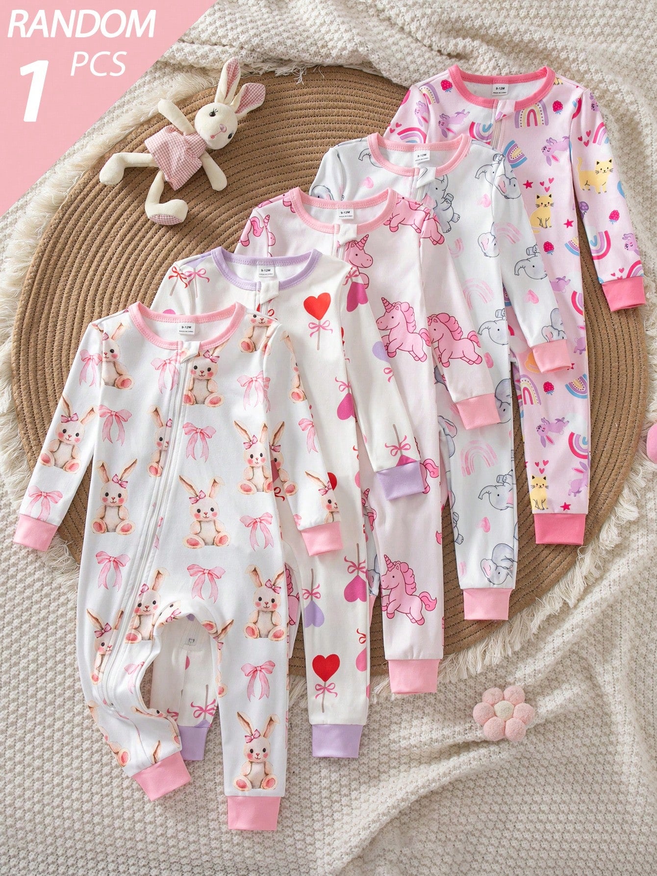 Random 5pcs/1pc Baby Girl Long Sleeve Long Pants Tight Bodysuit Cartoon Cute Cat Heart Star Flower Simple Casual Comfortable Soft Loungewear All Seasons