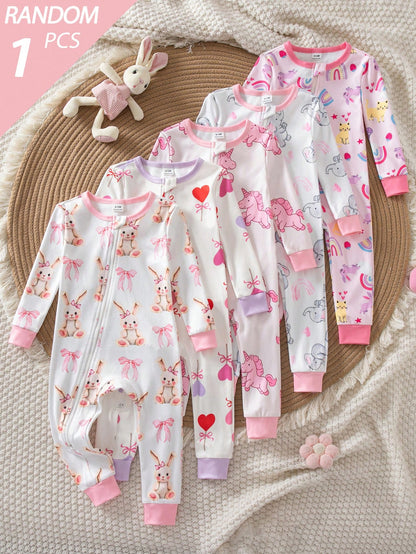 Random 5pcs/1pc Baby Girl Long Sleeve Long Pants Tight Bodysuit Cartoon Cute Cat Heart Star Flower Simple Casual Comfortable Soft Loungewear All Seasons