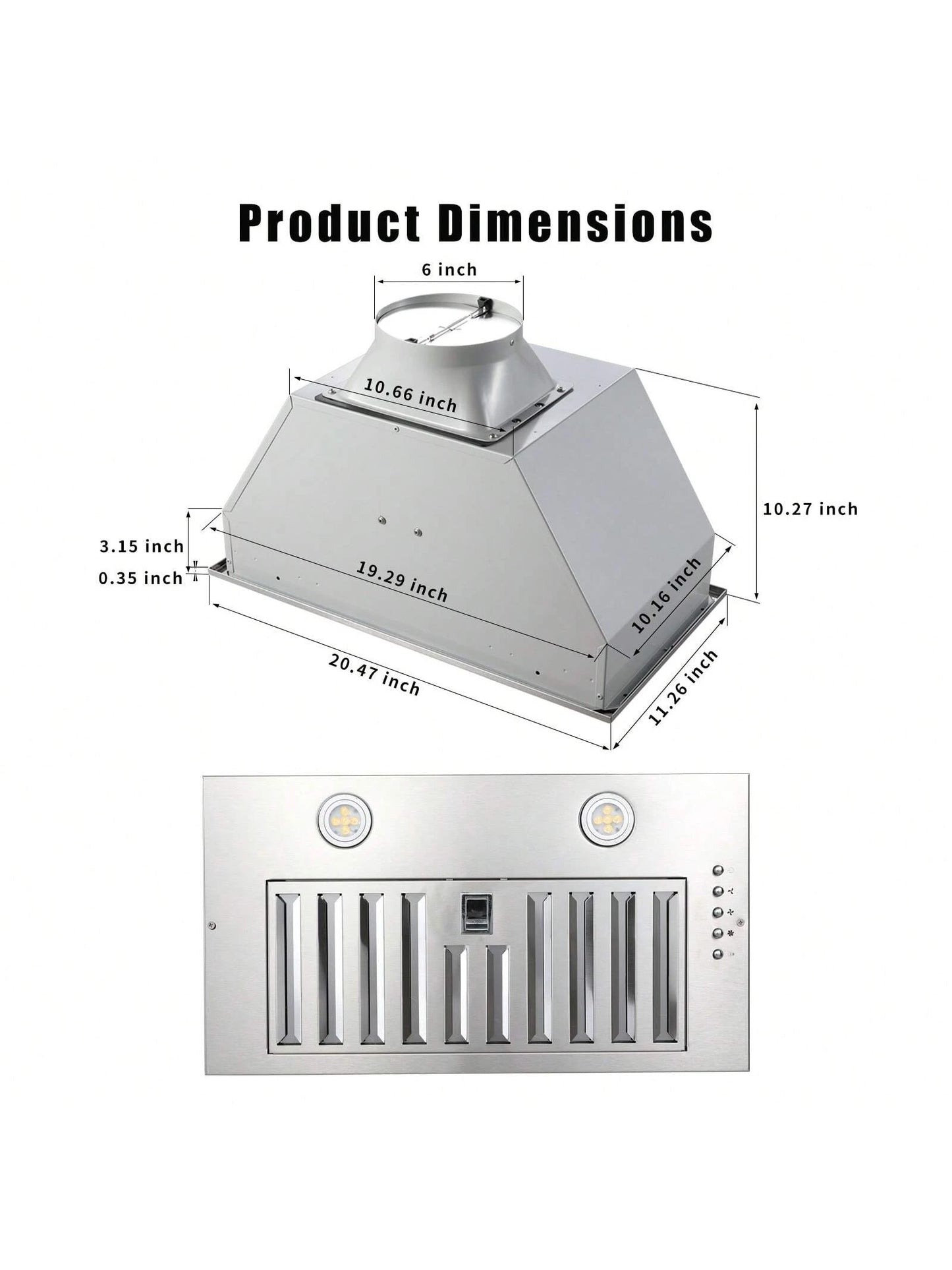 Range Hood Insert 20 Inch Stainless Steel With Baffle Filters, 600 CFM Built-In Kitchen Hood, Ducted/Ductless Convertible Vent Hood GU10 LED, 3 Speed Stove Exhaust Fan, Push Button Control