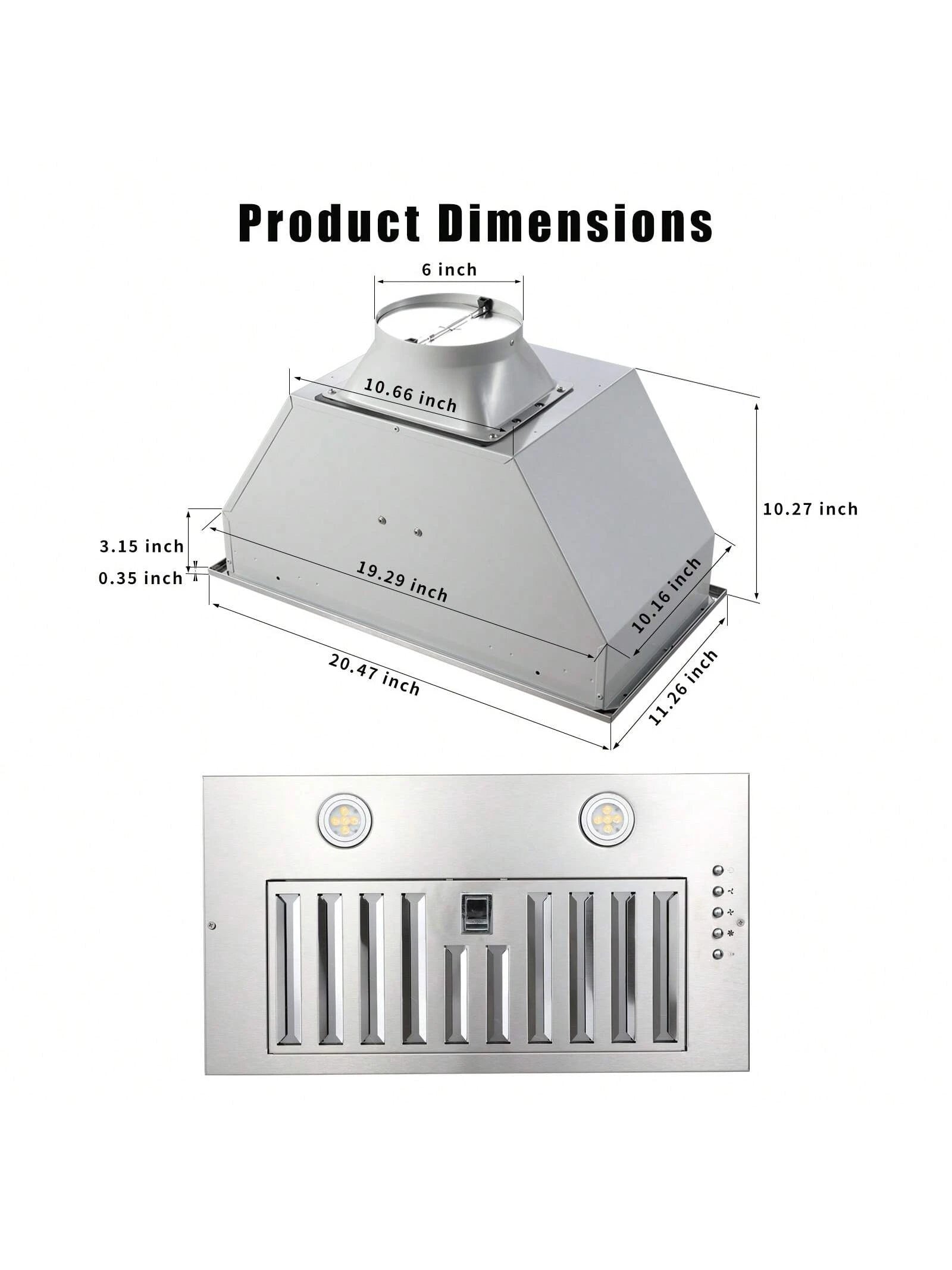 Range Hood Insert 20 Inch Stainless Steel With Baffle Filters, 600 CFM Built-In Kitchen Hood, Ducted/Ductless Convertible Vent Hood GU10 LED, 3 Speed Stove Exhaust Fan, Push Button Control