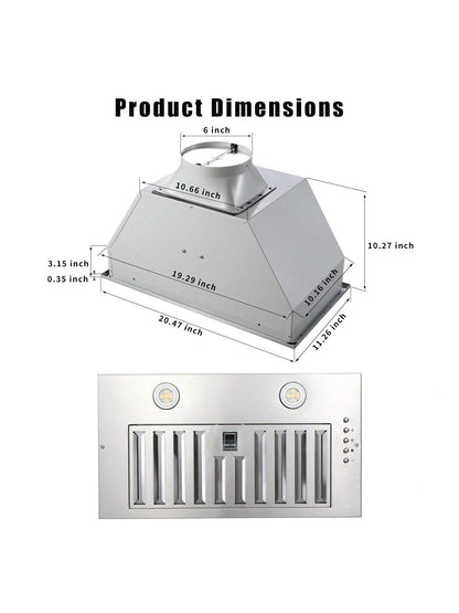 Range Hood Insert 20 Inch Stainless Steel With Baffle Filters, 600 CFM Built-In Kitchen Hood, Ducted/Ductless Convertible Vent Hood GU10 LED, 3 Speed Stove Exhaust Fan, Push Button Control