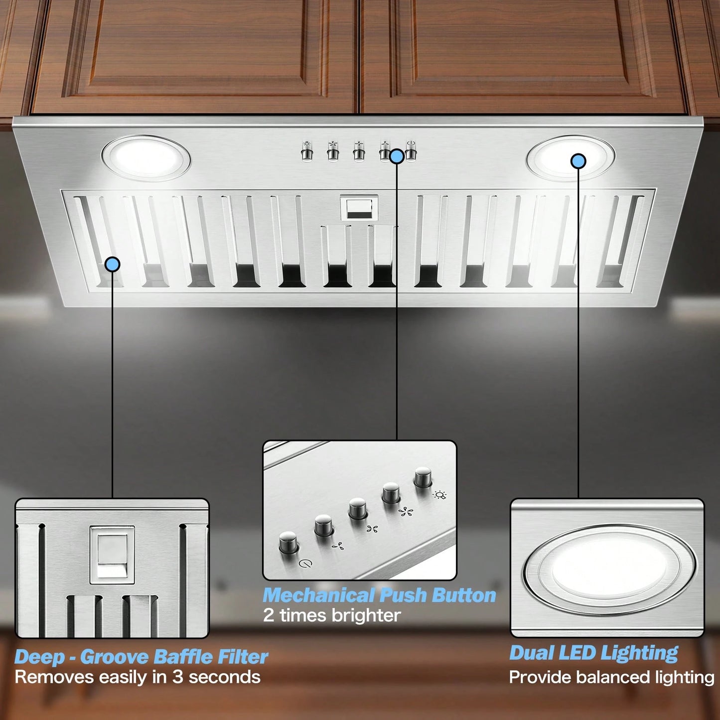 Range Hood Insert 20 Inch Stainless Steel With Baffle Filters, 600 CFM Built-In Kitchen Hood, Ducted/Ductless Convertible Vent Hood GU10 LED, 3 Speed Stove Exhaust Fan, Push Button Control