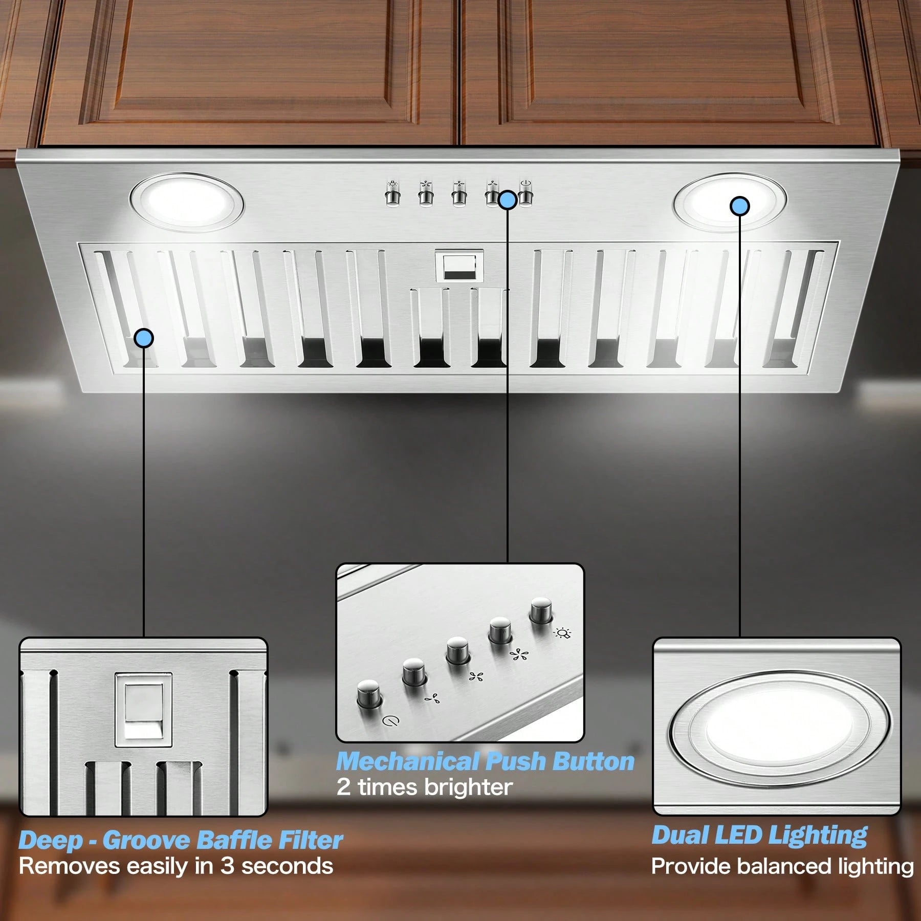 Range Hood Insert 20 Inch Stainless Steel With Baffle Filters, 600 CFM Built-In Kitchen Hood, Ducted/Ductless Convertible Vent Hood GU10 LED, 3 Speed Stove Exhaust Fan, Push Button Control