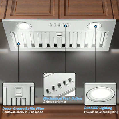 Range Hood Insert 20 Inch Stainless Steel With Baffle Filters, 600 CFM Built-In Kitchen Hood, Ducted/Ductless Convertible Vent Hood GU10 LED, 3 Speed Stove Exhaust Fan, Push Button Control