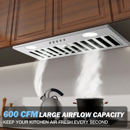 Range Hood Insert 20 Inch Stainless Steel With Baffle Filters, 600 CFM Built-In Kitchen Hood, Ducted/Ductless Convertible Vent Hood GU10 LED, 3 Speed Stove Exhaust Fan, Push Button Control