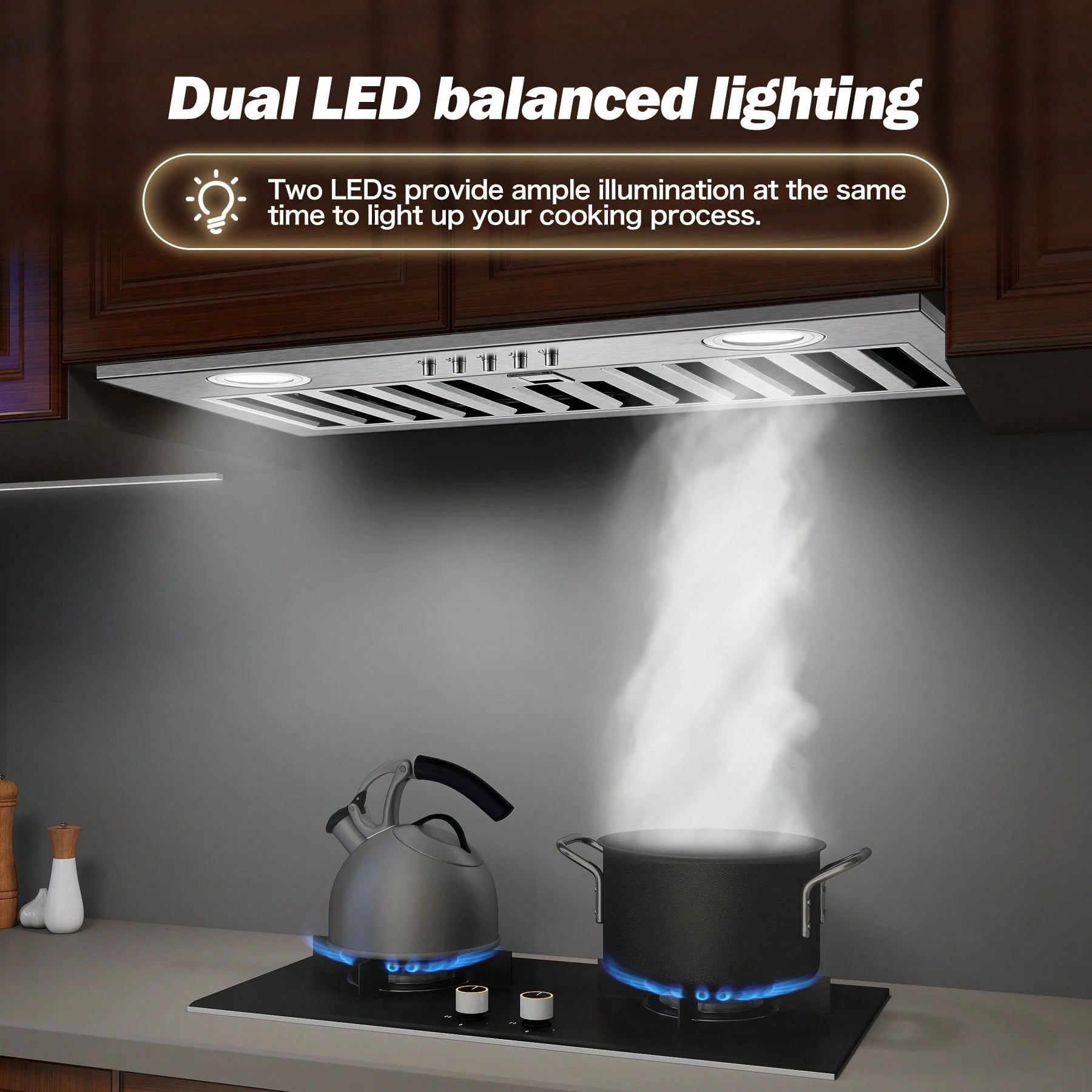 Range Hood Insert 20 Inch Stainless Steel With Baffle Filters, 600 CFM Built-In Kitchen Hood, Ducted/Ductless Convertible Vent Hood GU10 LED, 3 Speed Stove Exhaust Fan, Push Button Control