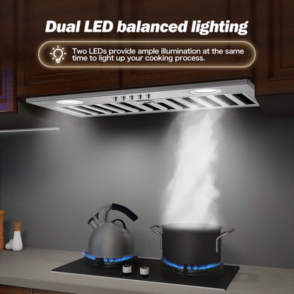 Range Hood Insert 20 Inch Stainless Steel With Baffle Filters, 600 CFM Built-In Kitchen Hood, Ducted/Ductless Convertible Vent Hood GU10 LED, 3 Speed Stove Exhaust Fan, Push Button Control