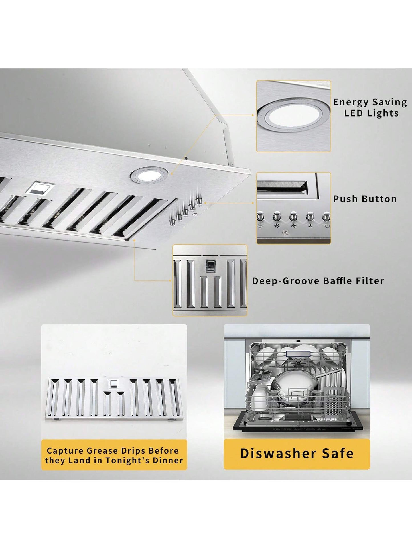 Range Hood Insert 20 Inch Stainless Steel With Baffle Filters, 600 CFM Built-In Kitchen Hood, Ducted/Ductless Convertible Vent Hood GU10 LED, 3 Speed Stove Exhaust Fan, Push Button Control