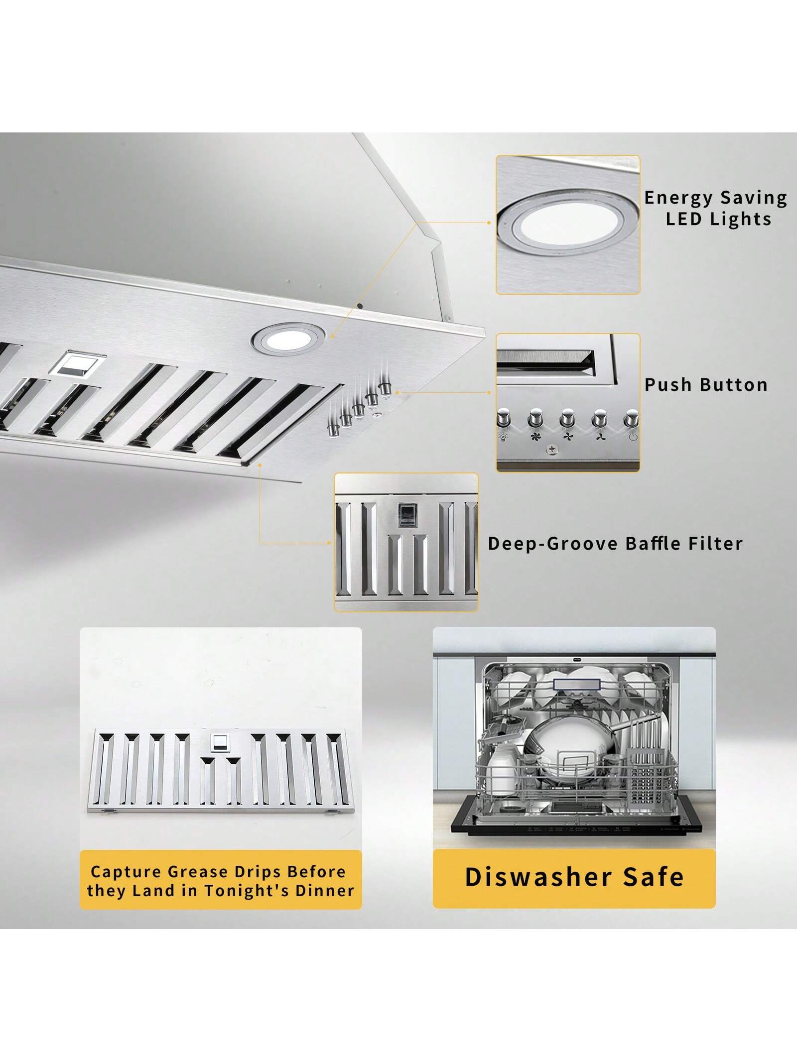 Range Hood Insert 20 Inch Stainless Steel With Baffle Filters, 600 CFM Built-In Kitchen Hood, Ducted/Ductless Convertible Vent Hood GU10 LED, 3 Speed Stove Exhaust Fan, Push Button Control